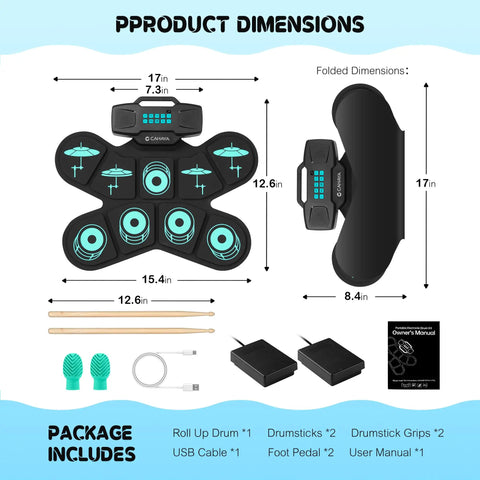 Diagram showing dimensions of 9 Pad Electronic Drum Set With Dual Speakers Portable MIDI Practice Kit For Beginners.
