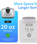Top Notch Ultrasonic Cleaner, 20 Oz Stainless Steel Tank with digital timer and comparison of tank sizes.