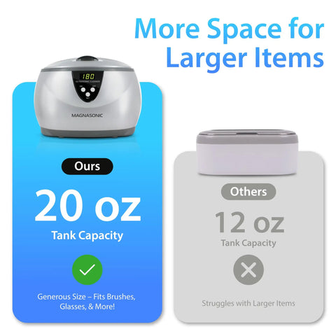 Top Notch Ultrasonic Cleaner, 20 Oz Stainless Steel Tank with digital timer and comparison of tank sizes.
