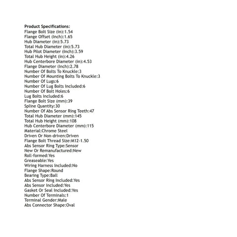 Cadillac SRX Front Wheel Hub Bearing Assembly product specifications detailing key measurements and features.