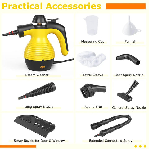 Heavy Duty Handheld Steam Cleaner 1050W Portable Household Steamer with essential accessories for versatile cleaning tasks.
