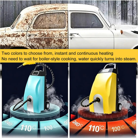 Orisuntech Multi Purpose High Pressure Steam Cleaner With Ozone For Kitchen Grease Carpet Extraction showing blue and yellow models.