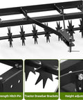 32 Inch Tow Behind Spike Aerator with durable steel tines and extra wide tow bar, universal hitch, for lawn and farm use.