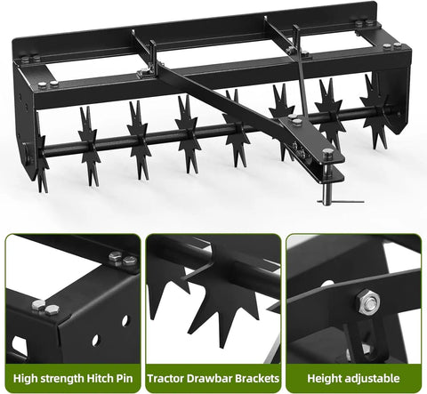 32 Inch Tow Behind Spike Aerator with durable steel tines and extra wide tow bar, universal hitch, for lawn and farm use.