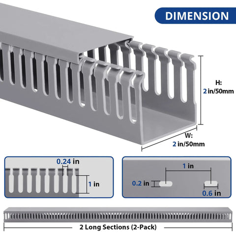 2x2 Inch Cable Management Raceway For Server Racks PVC Duct Kit grey with dual side openings and dimensions illustration