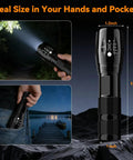 Beast Mode LED Flashlight Set, 2 Pack Small Tactical Lights With Zoomable Lens in hand and pocket, size dimensions shown