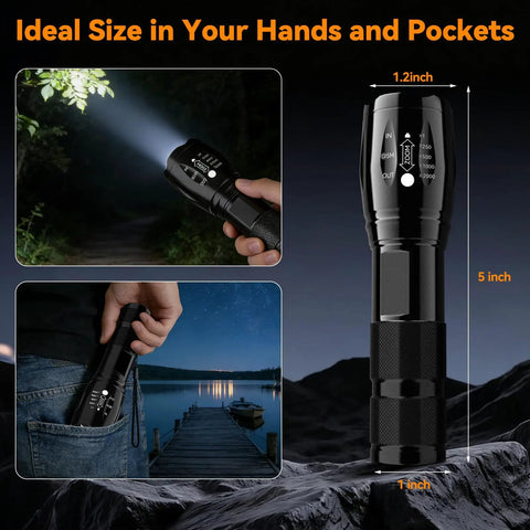 Beast Mode LED Flashlight Set, 2 Pack Small Tactical Lights With Zoomable Lens in hand and pocket, size dimensions shown