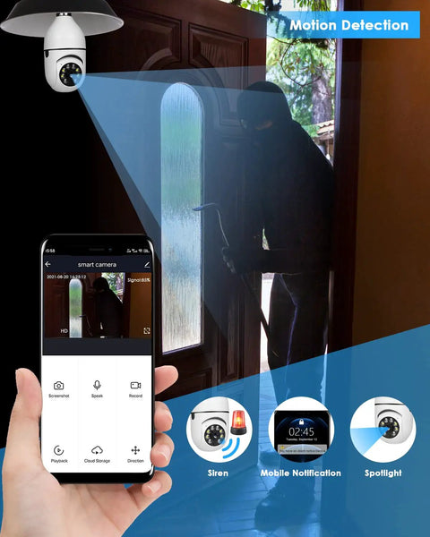 Light Bulb Security Camera 360 Degree Pan Tilt Wireless Outdoor Home Surveillance Kit with motion detection alert on phone screen
