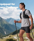 Runner wearing Lightweight Running Hydration Vest With Two 250ml TPU Soft Flasks, BPA Free Bottle System on a mountain trail