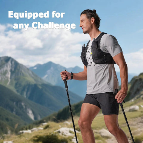 Runner wearing Lightweight Running Hydration Vest With Two 250ml TPU Soft Flasks, BPA Free Bottle System on a mountain trail