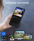 Person holding phone showing live feed from 4K PoE Security Camera System All In One With 8 Channel NVR, 6 Outdoor 8MP Turret Cams, 2TB HDD
