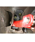 Fox Mustang Torque Box Reinforcement Plate Kit 79-04 TBR002 TBR003 Bolt-In Beefed-Up Upgrade for 1979-2004 Mustangs, black steel plate installed on rear suspension mount