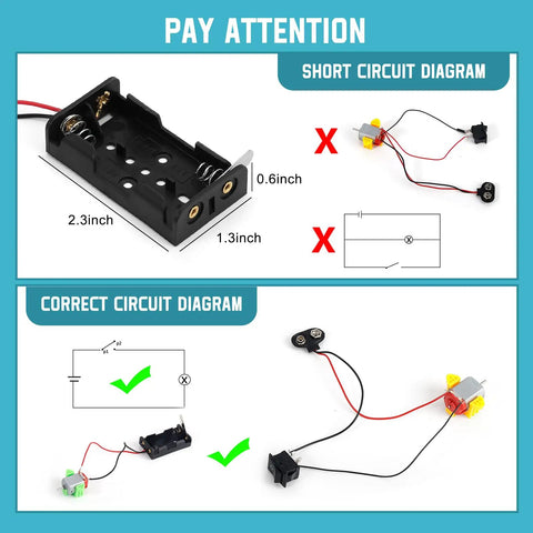 276 Piece DC Motor Kit For DIY Science Projects circuit diagram instructions for battery holder and motor wiring setup.