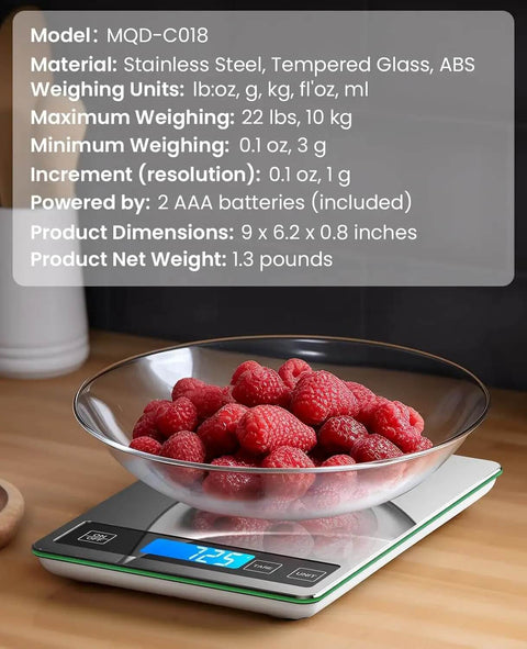 Digital Kitchen Scale With 22Lb Capacity, Precise 1g And 0.1oz Increments, Stainless Steel And Tempered Glass Platform holding raspberries