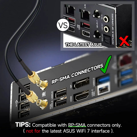 Tri-Band WiFi 7 and 6E External Antenna With Magnetic Base for Gaming PCs and Routers, RP-SMA Connector shown in use