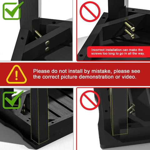 Installation instructions for Waterproof Bamboo Shower Bench And Stool With Storage Shelf For Inside Shower Black Your Bathroom Sidekick Sturdy Anti Slip Seat Supports Up To 300 Lbs And Cleans Easy For Wet Zones, showing correct screws alignment and warnings.