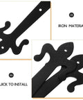 Flat Embossed Garage Door Hinge Set With Handles Decorative 4 Piece Hardware Kit, black iron detail, 8 inch and 10 inch.