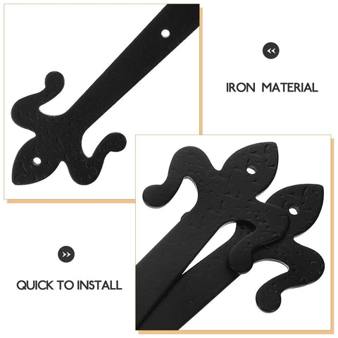 Flat Embossed Garage Door Hinge Set With Handles Decorative 4 Piece Hardware Kit, black iron detail, 8 inch and 10 inch.