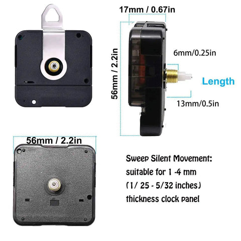 High Torque Non-Ticking Quartz Clock Movement Kit with dimensional details shown for DIY wall clock repairs