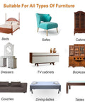 Image of various furniture types including beds, sofas, cabinets, and tables showcasing heavy duty furniture sliders for carpet and hardwood floors.