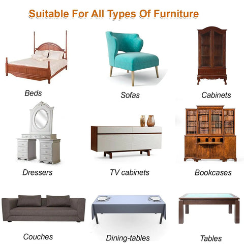 Image of various furniture types including beds, sofas, cabinets, and tables showcasing heavy duty furniture sliders for carpet and hardwood floors.