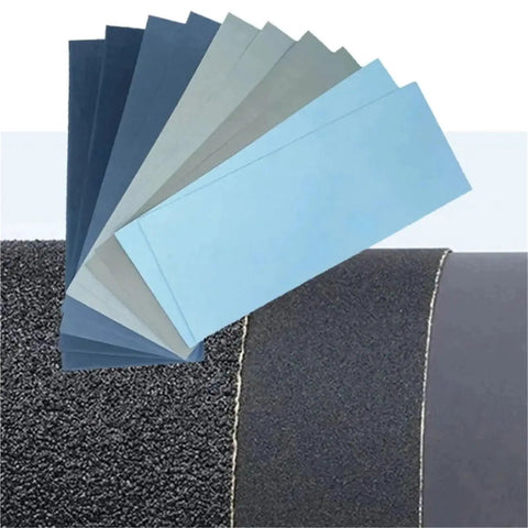 Get This Awesome 50 Piece Wet Dry Sandpaper Set With 60 To 20000 Grits For Wood Metal And Plaster Polishing, Custom Cut Sheets, showing various colors of sandpaper sheets.