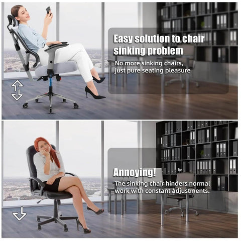 Person sitting in an office chair demonstrating the use of a 4 Pack Office Chair Cylinder Clamp Replacement No Tools Needed Quick Fix For Sinking Chairs Up To 5 Inches Fits 28mm Piston Stabilize Your Desk Chair With Easy Durable Clamp System.