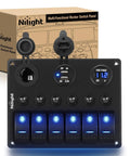 Six Gang Rocker Switch Panel With 12V Voltmeter And Dual USB Charger Cigarette Lighter Socket Six Circuit Breakers LED Meter Overload Protection Great For RV Truck Boat Two Year Warranty, black panel