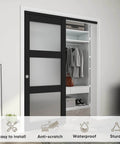 60 By 80 Inch Bypass Sliding Closet Door With Frosted Glass Three Lite Panels installed in a room, black frame shown