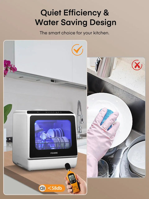 Sleek Countertop Dishwasher With Smart Delay Timer And Space Saving Design For Modern Home Kitchens shown in quiet operation with dishes.