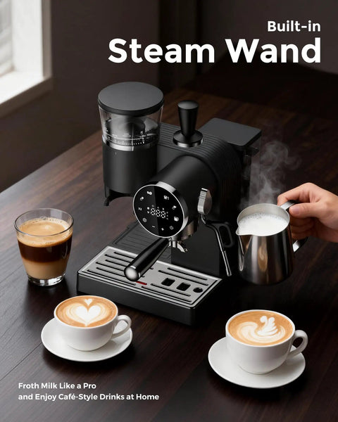 Badass 20 Bar Espresso Machine With Led Touch Control And Adjustable Burr Grinder For Pro Extraction on kitchen counter with milk frothing