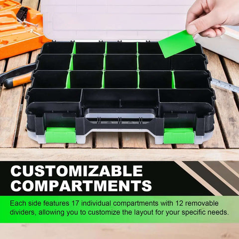 Must Have Dual Side 34 Compartment Hardware Organizer Box With Removable Dividers And Transparent Lid, 2 Pack Small Parts Storage