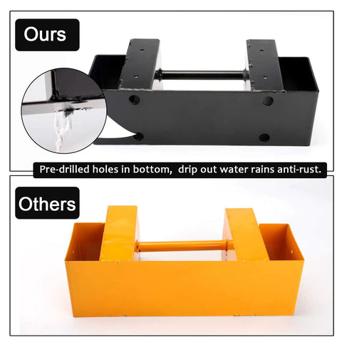 Comparison of Outdoor Firewood Log Storage Bracket Kit, black with drainage holes, versus orange without holes.