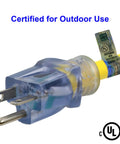 Close-up of Heavy Duty Generator Adapter For 20 Amp T Blade Plug To T Slot With Power Indicator Light, UL certified, yellow