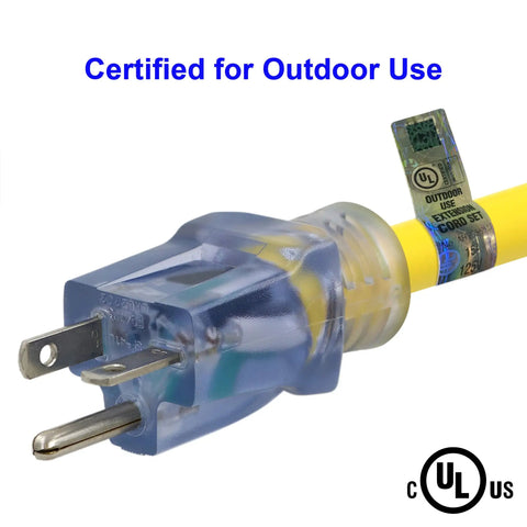Close-up of Heavy Duty Generator Adapter For 20 Amp T Blade Plug To T Slot With Power Indicator Light, UL certified, yellow