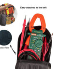 Digital Clamp Meter 2000 Counts with Storage Bag displaying probes and belt attachment for AC DC voltage testing.