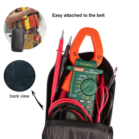 Digital Clamp Meter 2000 Counts with Storage Bag displaying probes and belt attachment for AC DC voltage testing.