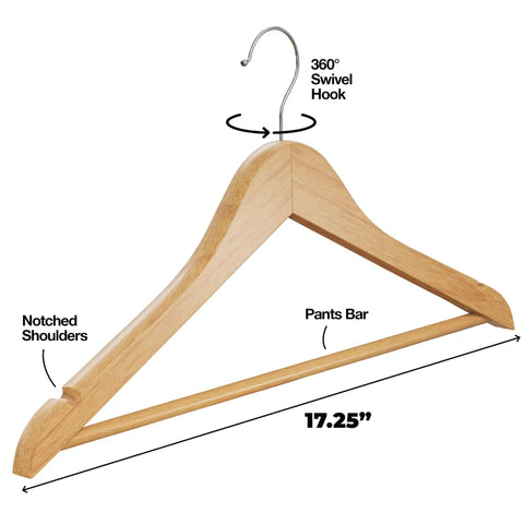 Wooden Coat Hangers 30 Pack Natural Wood Heavy Duty Non Slip For Shirts Jackets Pants Suits With Chrome Swivel Hook Premium Solid Closet Hangers