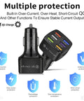 Multiport Car Charger Adapter With QC 3.0 Fast Plug Hub And Universal USB Power showing design with multiple protection features.