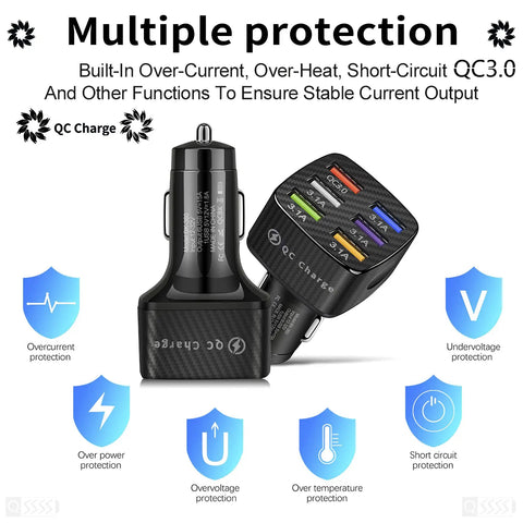 Multiport Car Charger Adapter With QC 3.0 Fast Plug Hub And Universal USB Power showing design with multiple protection features.