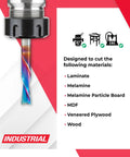 Spiral Plunge Router Bit With Solid Carbide Construction For Down Cut Routing Quarter Inch Diameter Three Quarter Inch Cutting Length And Quarter Inch Shank Spektra Coated For Extreme Tool Life Made In The USA Pro Grade shown cutting materials