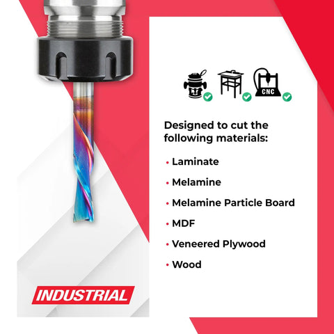 Spiral Plunge Router Bit With Solid Carbide Construction For Down Cut Routing Quarter Inch Diameter Three Quarter Inch Cutting Length And Quarter Inch Shank Spektra Coated For Extreme Tool Life Made In The USA Pro Grade shown cutting materials