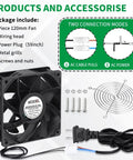 120mm x 38mm Axial Fan With Ball Bearing, Multi Voltage 110V 120V 220V 240V, kit contents with fan, metal grill, and cables
