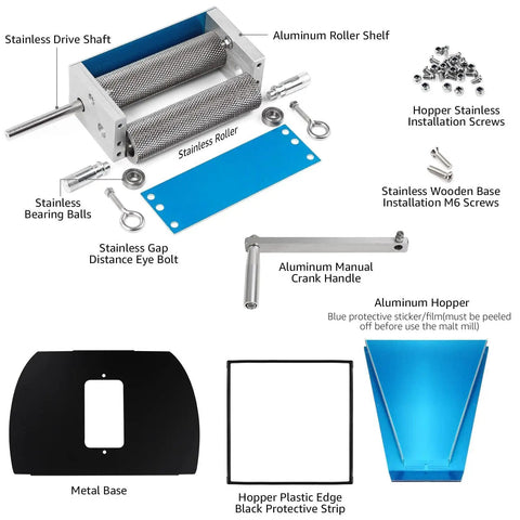 Homebrew Malt Mill Grain Crusher With Adjustable Roller Gap Manual Metal Grinder Stainless Steel parts layout