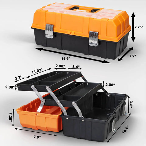 17 Inch Plastic Tool Box With 3 Tier Fold Out Trays, Heavy Duty Latches For Easy Metric Imperial Sorting, Portable Shop Case Built Tough For The Daily Grind And No Sweat Organization