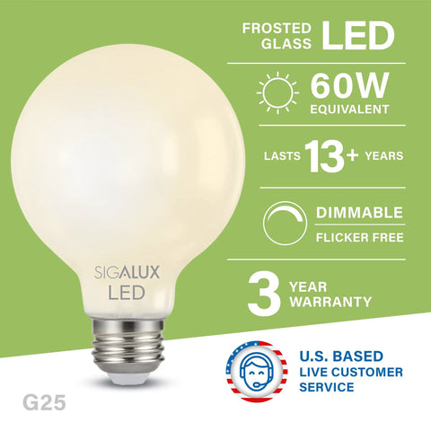 G25 LED Globe Vanity Light Bulb, Dimmable 60W Equivalent, E26 Base, Filament Frosted Glass, 2700K Soft White, 500LM