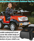 Child with ride-on toy car next to Universal Waterproof Ride On Car Cover Large 420D Heavy Duty Toy Car Cover for Power Wheels Jeep