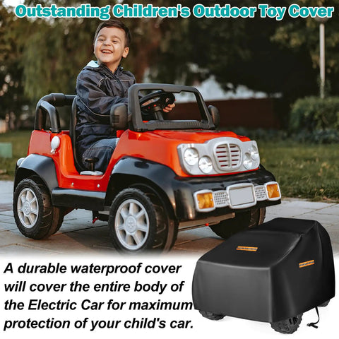 Child with ride-on toy car next to Universal Waterproof Ride On Car Cover Large 420D Heavy Duty Toy Car Cover for Power Wheels Jeep