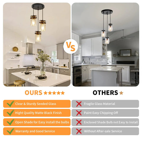 Industrial Farmhouse Kitchen Pendant Lighting Kit Over Island Three Pendant Lights Black Adjustable Ceiling Fixtures For Kitchen Island Dining Room Bedroom Living Room