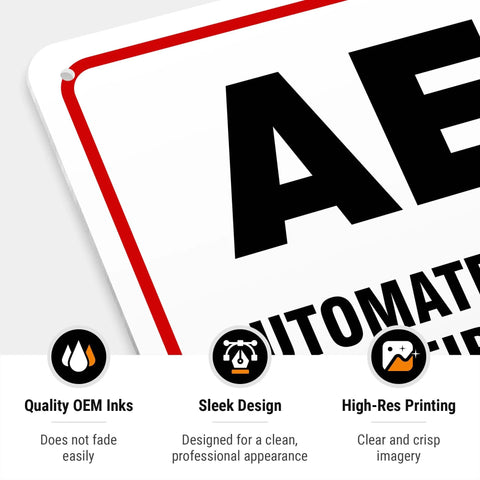 AED sign front view; white 10x14 in HDPS sign with bold black AED letters and red border